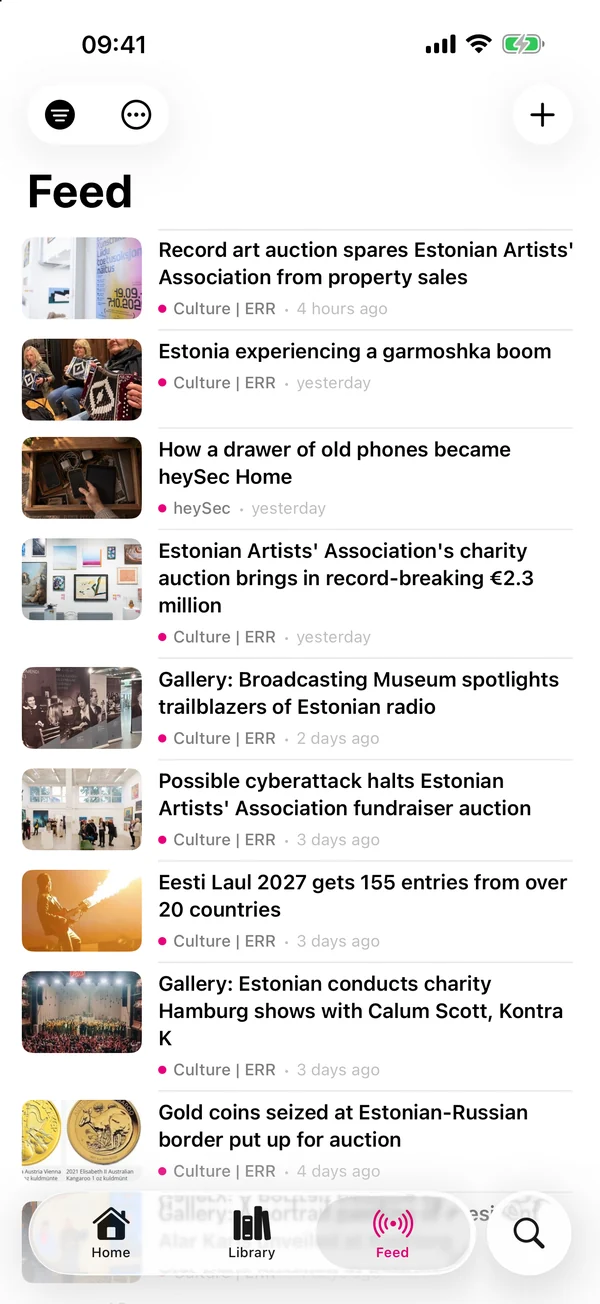 Slurp’s Feed on an iPhone: the newest entries from ERR Culture and heySec, each with its picture.