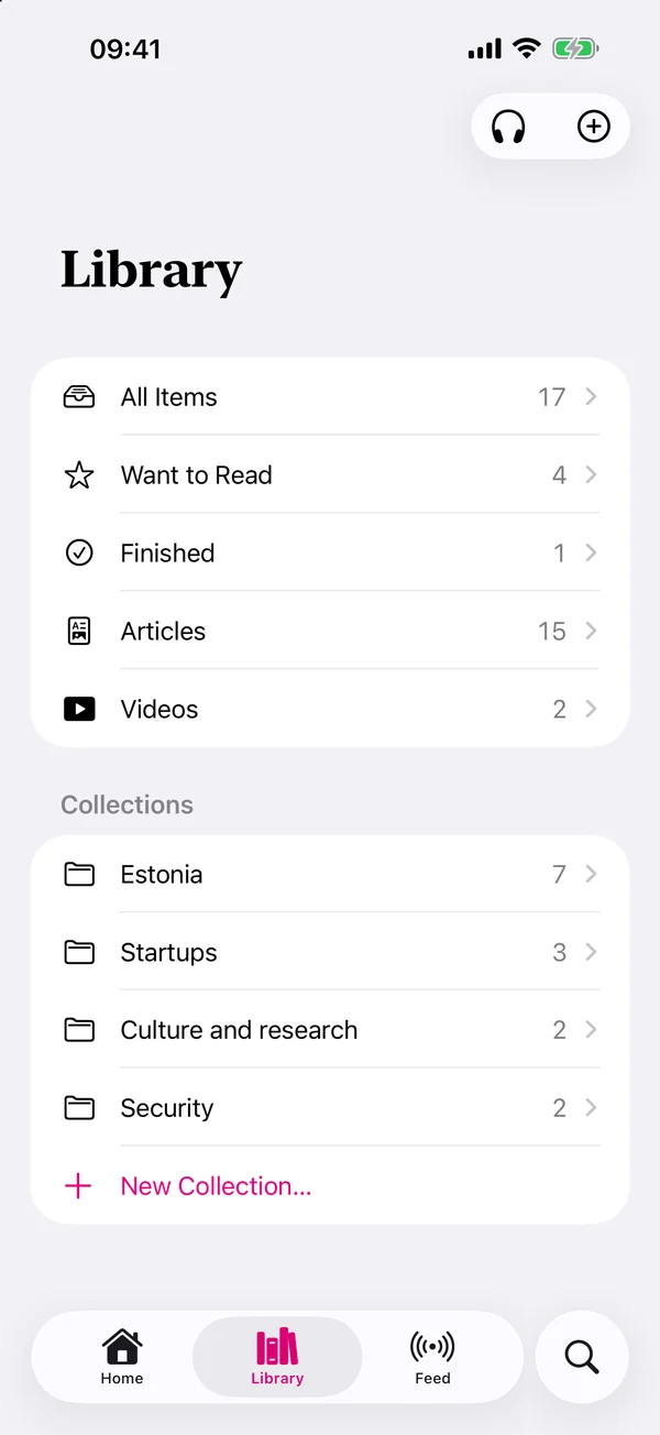 Slurp’s Library on an iPhone: All Items, Want to Read, Finished, Articles and Videos, then the collections Estonia, Startups, Culture and research, and Security.