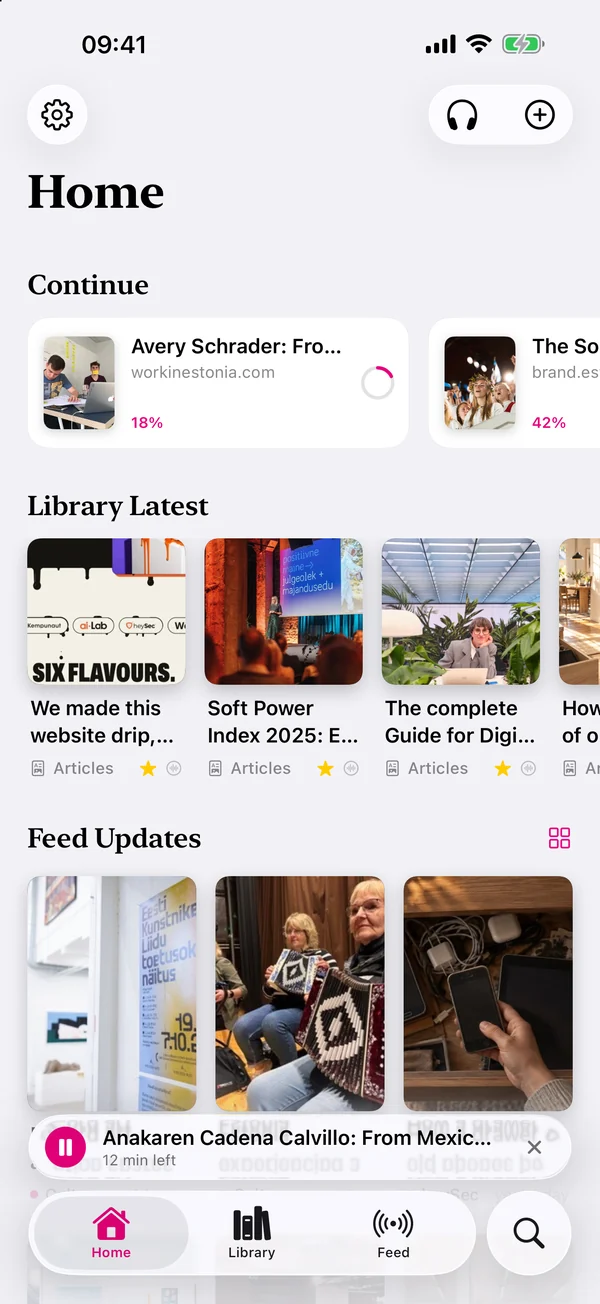 Slurp’s Home on an iPhone while a Work in Estonia article plays in the mini player above the tab bar.