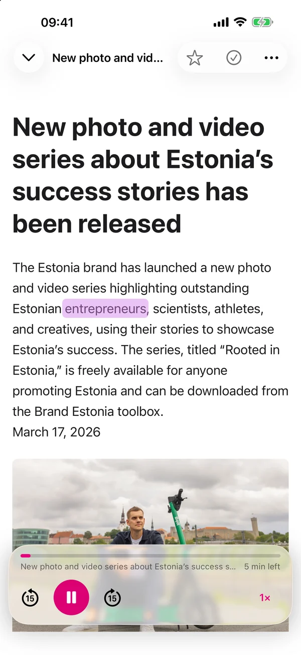 A Brand Estonia article open in Slurp’s reader on an iPhone, the word being spoken highlighted and the player at the bottom.
