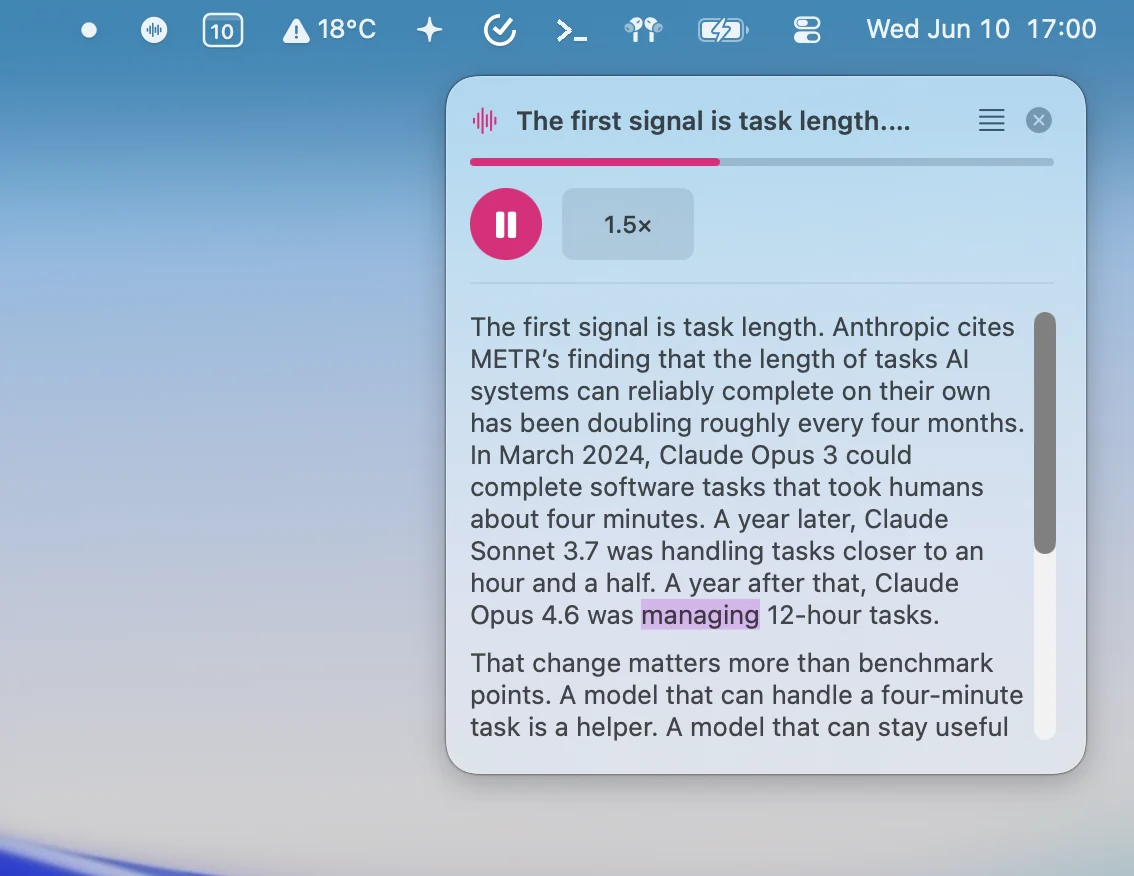 Slurp’s floating player on a Mac desktop under the menu bar, reading an article with its text and the word being spoken highlighted.