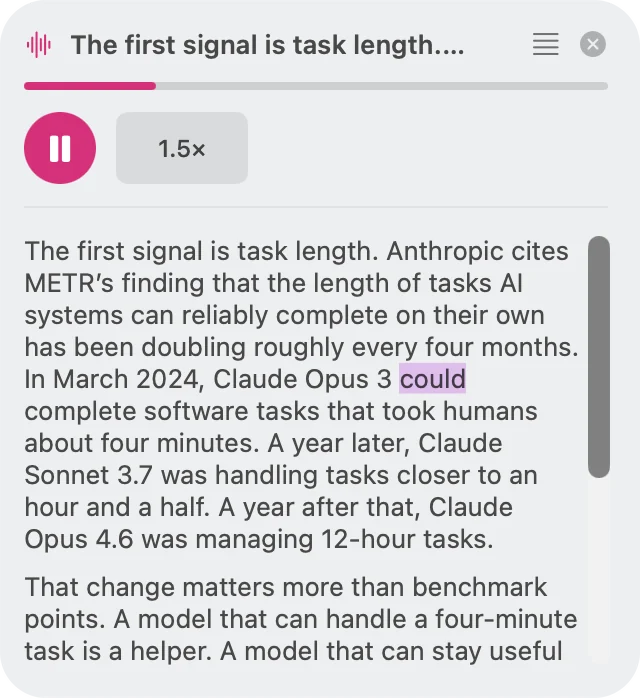 Slurp’s floating player on a Mac, playing an article at 1.5× speed with its text underneath and the word being spoken highlighted.