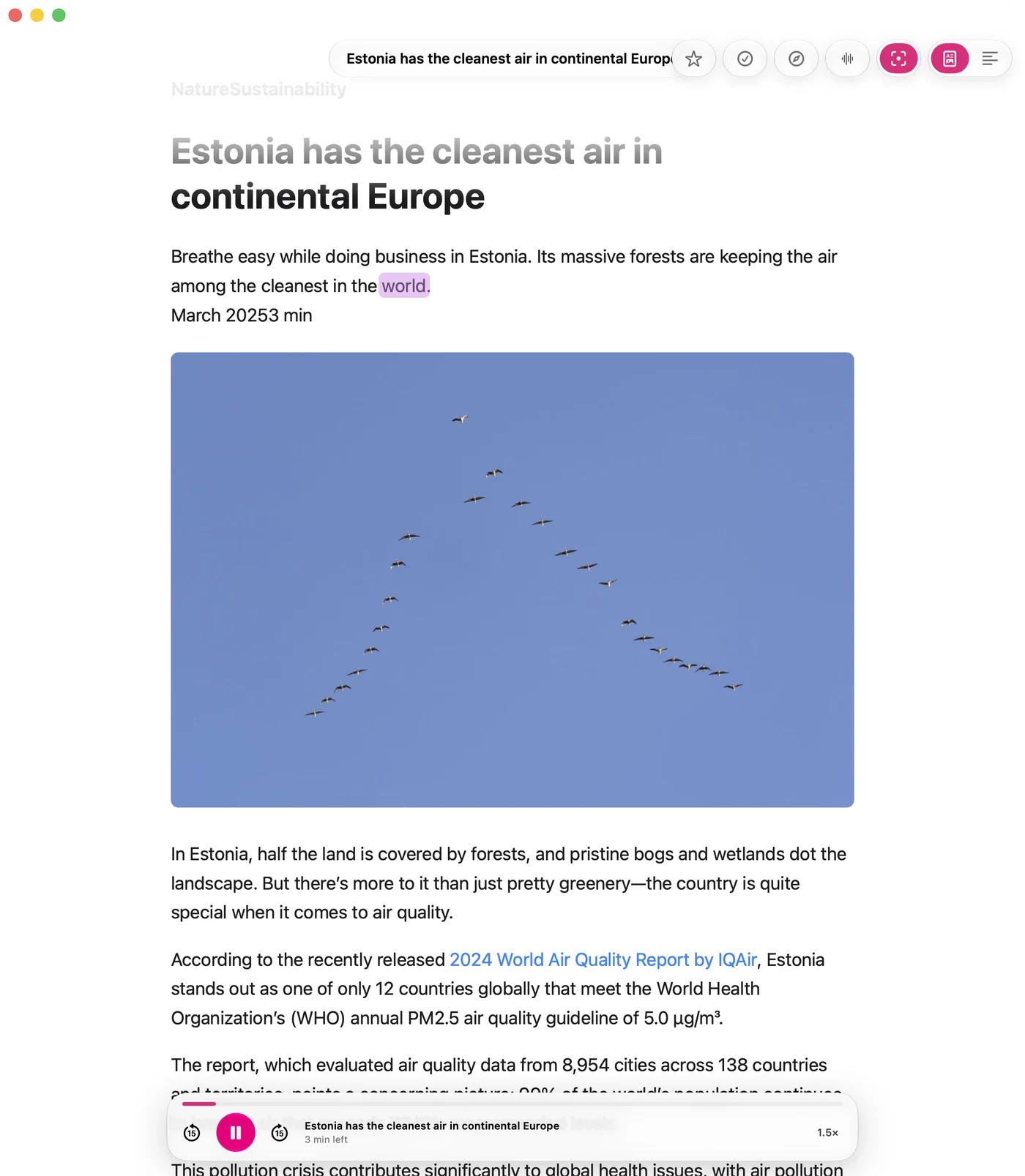 Slurp’s reader on a Mac reading the article “Estonia has the cleanest air in continental Europe” aloud, the word being spoken highlighted and the player at the bottom.