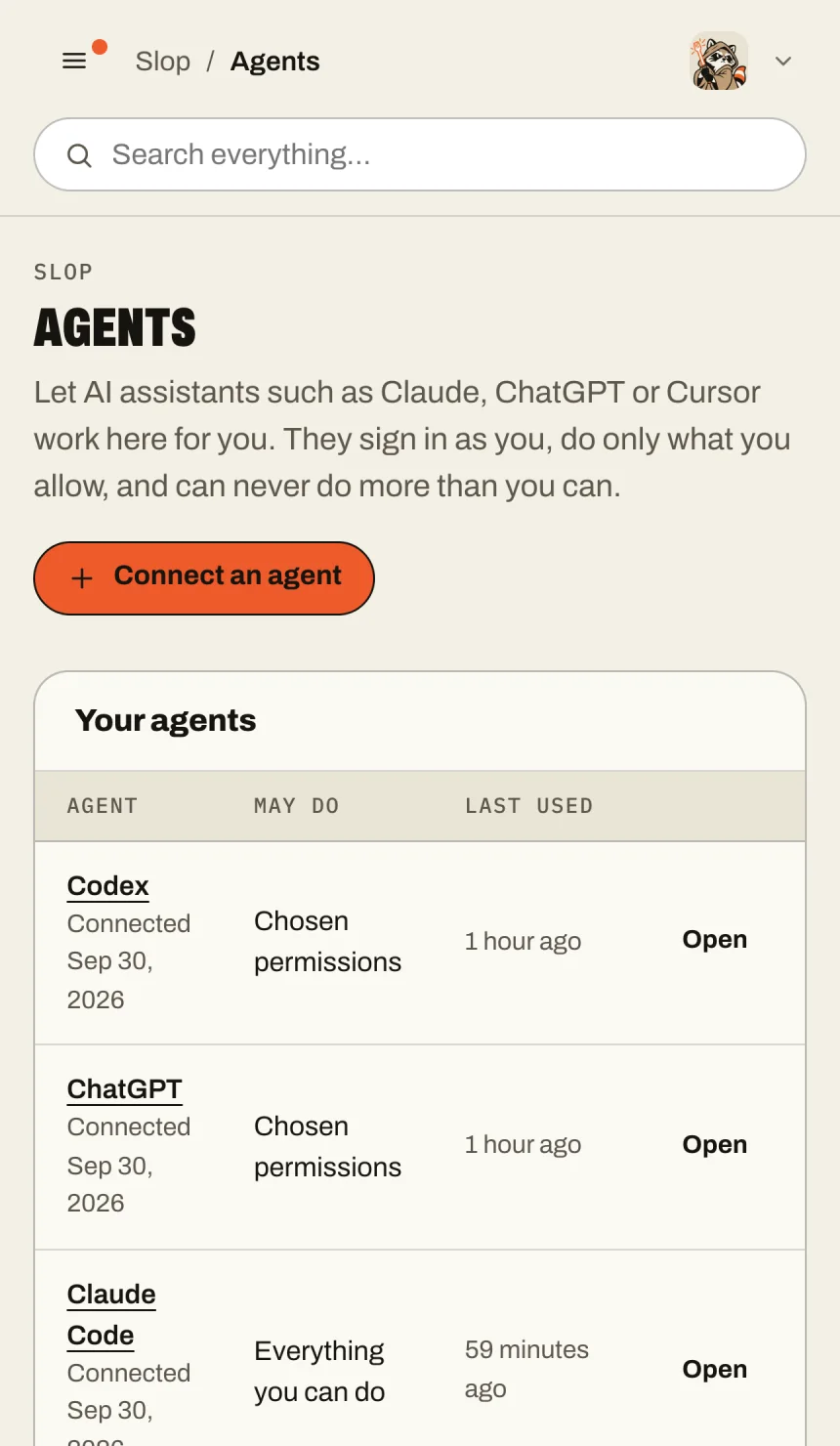 The Agents page of a Slop Cloud workspace on a phone: Codex and ChatGPT with chosen permissions, Claude Code with everything the person can do