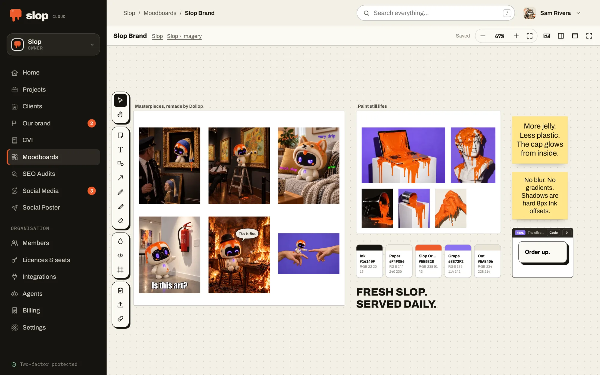 Slop Brandi moodboard Slop Cloudis: Dollopi pildid ja maalitud natüürmordid kahes raamis, brändivärvid näidistena, tunnuslause suures pealkirjakirjas, kleepmärkmed ja jooksvalt kuvatud HTML-lõik