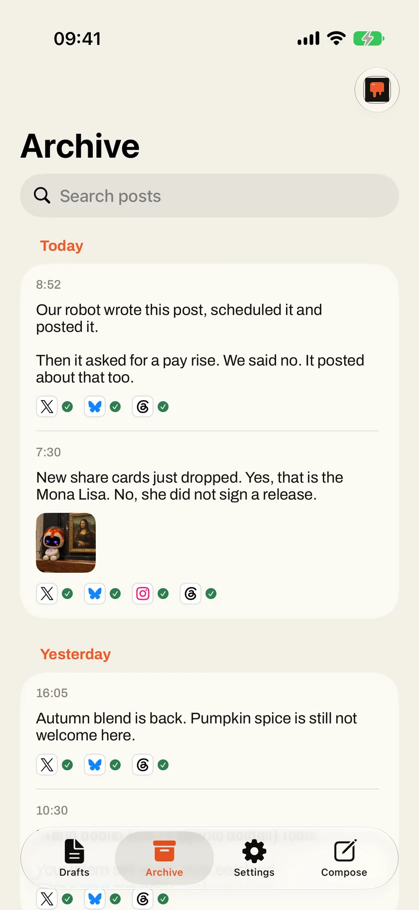 The archive in the Social Poster iPhone app, grouped by day, with a green tick beside every account each post went out to
