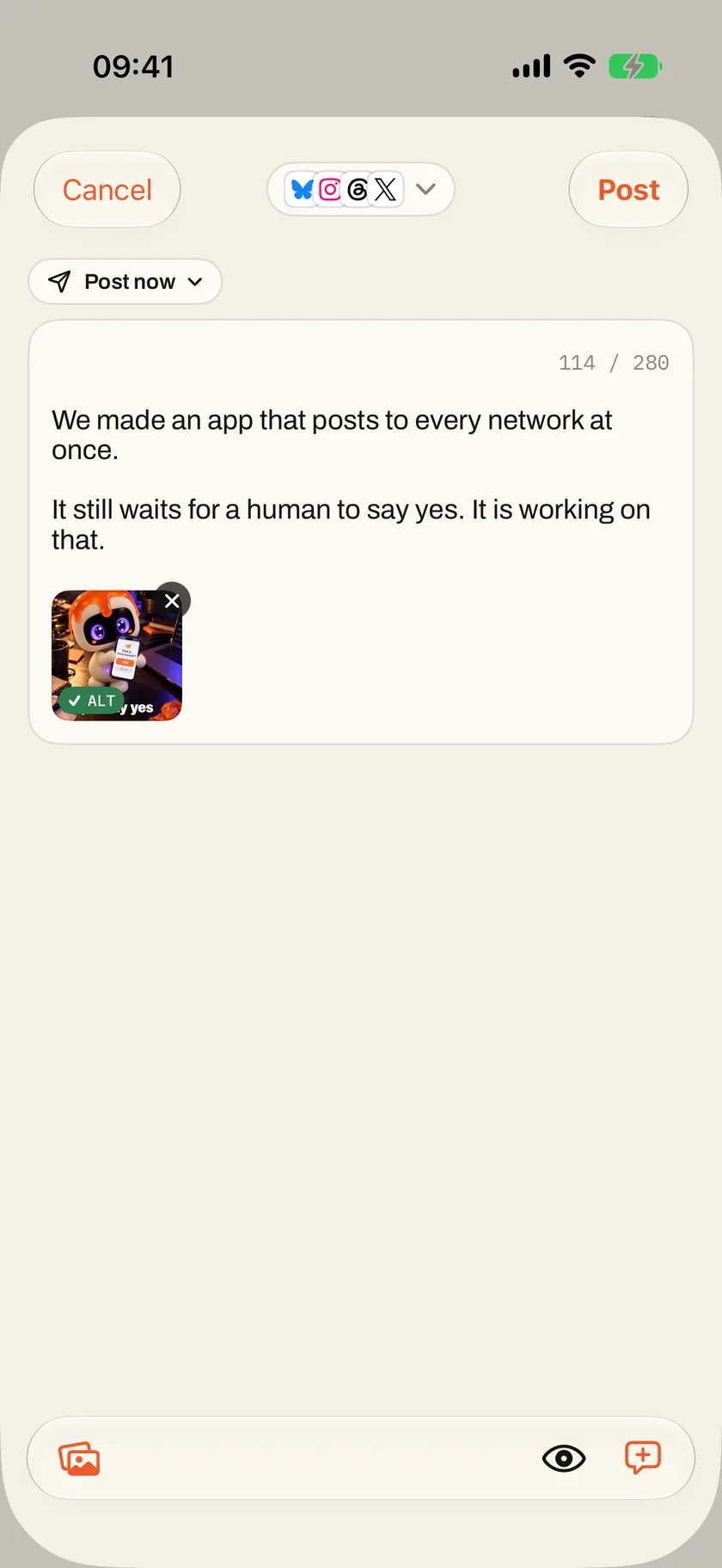 The Social Poster iPhone app composing a post to Bluesky, Instagram, Threads and X, with a picture of Dollop whose description is ticked and 114 of 280 characters used
