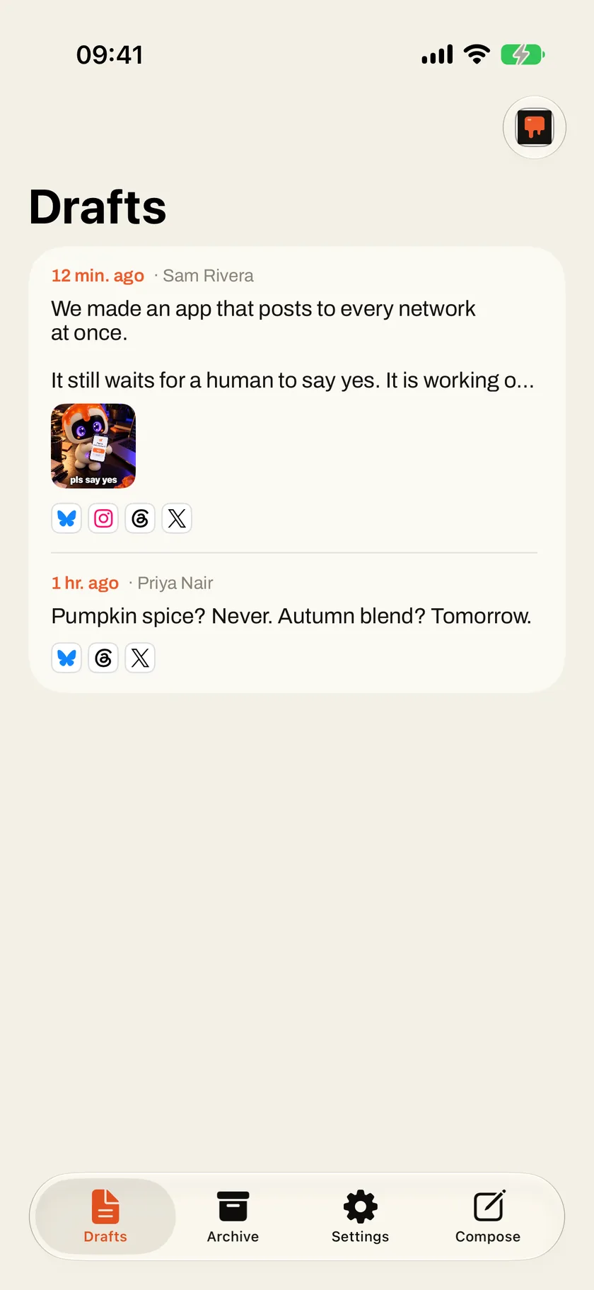 Drafts in the Social Poster iPhone app: one from Sam Rivera with a picture of Dollop for four accounts, and a one-liner from Priya Nair for Northwind Roasters