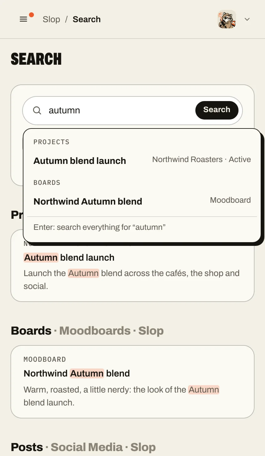 Slop Cloud on a phone, searching for autumn: suggestions from Client Hub and Moodboards open under the box, above the results grouped by app