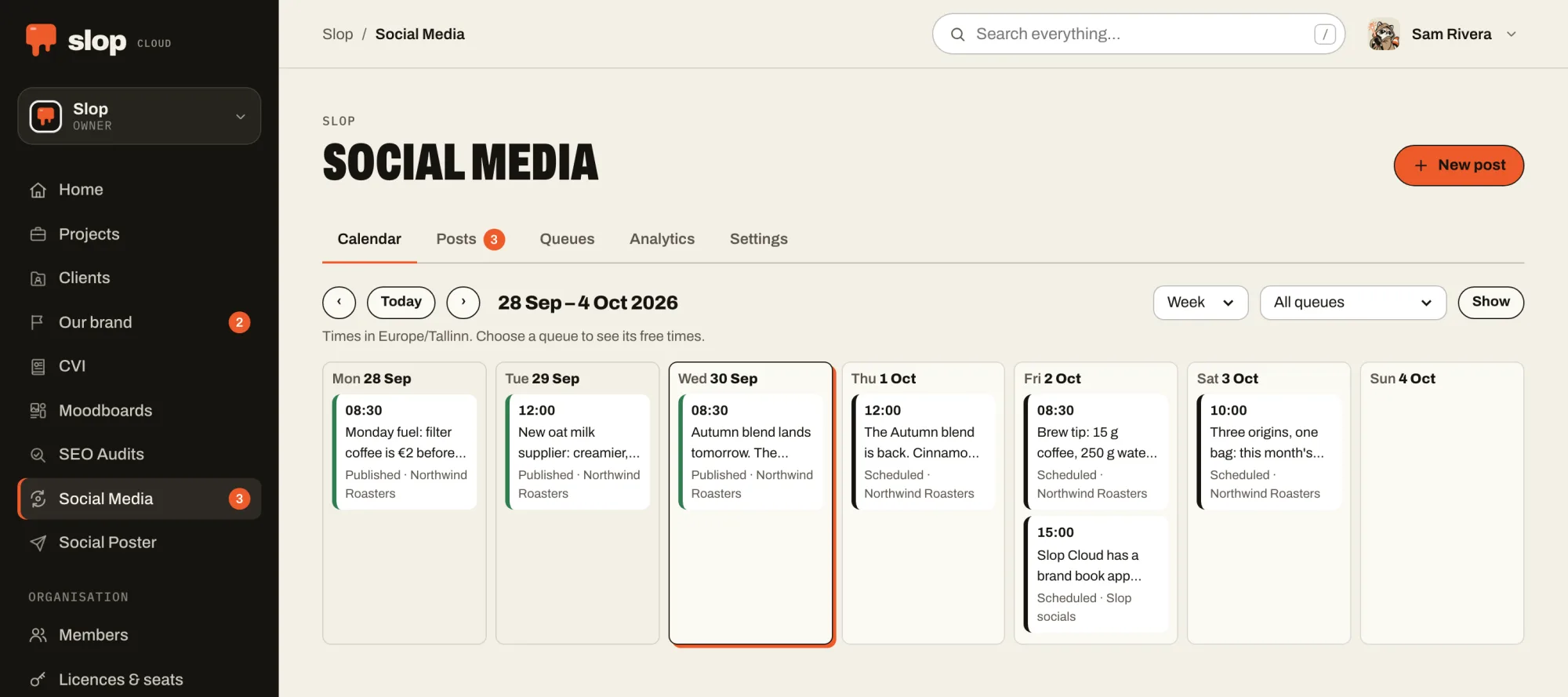 The Social Media calendar for the week of 28 September to 4 October: posts from two queues at their times, three already published and the rest scheduled