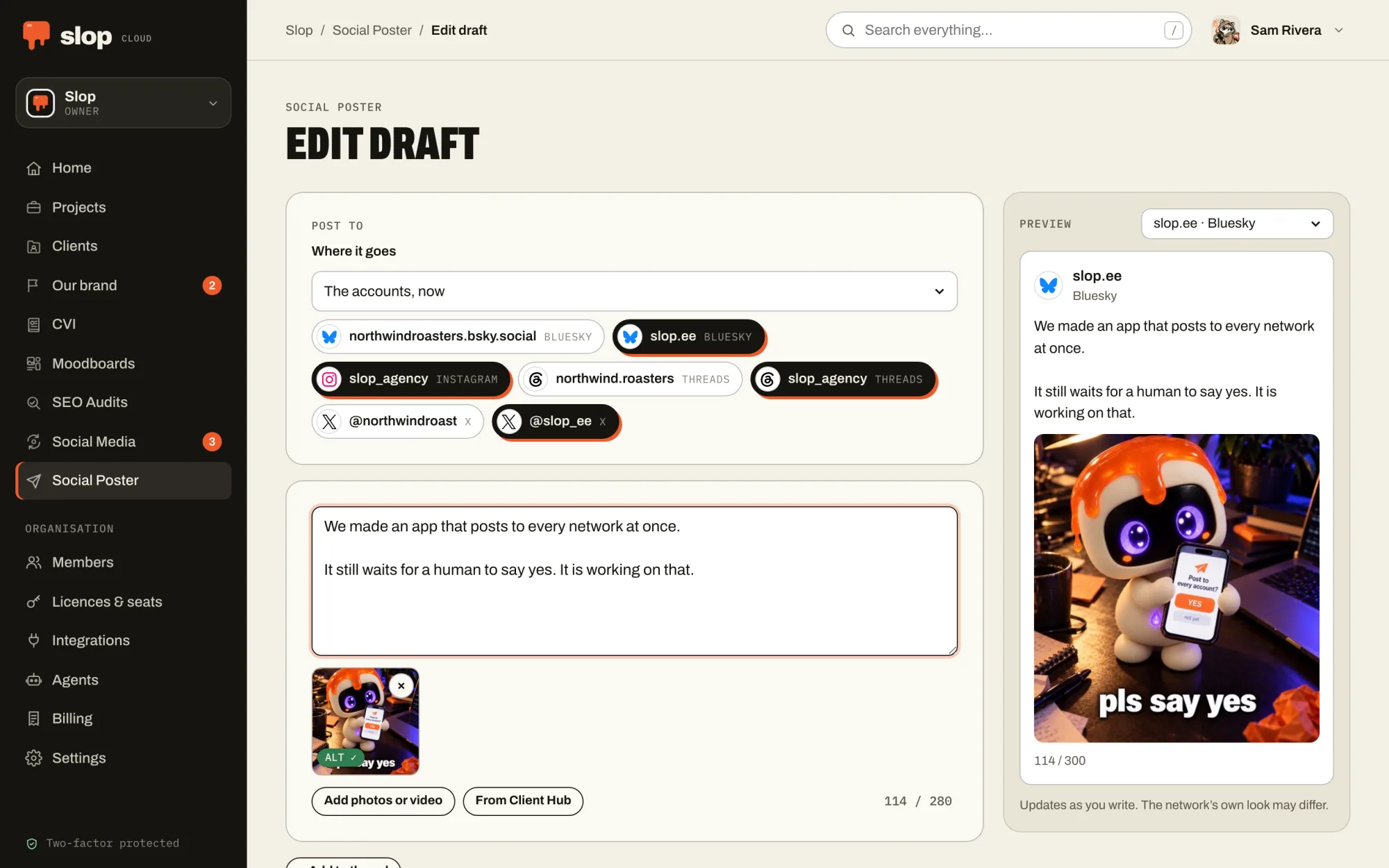 The Social Poster composer: a post with a picture of Dollop going to four of the workspace’s accounts, with a live preview on Bluesky and a character count