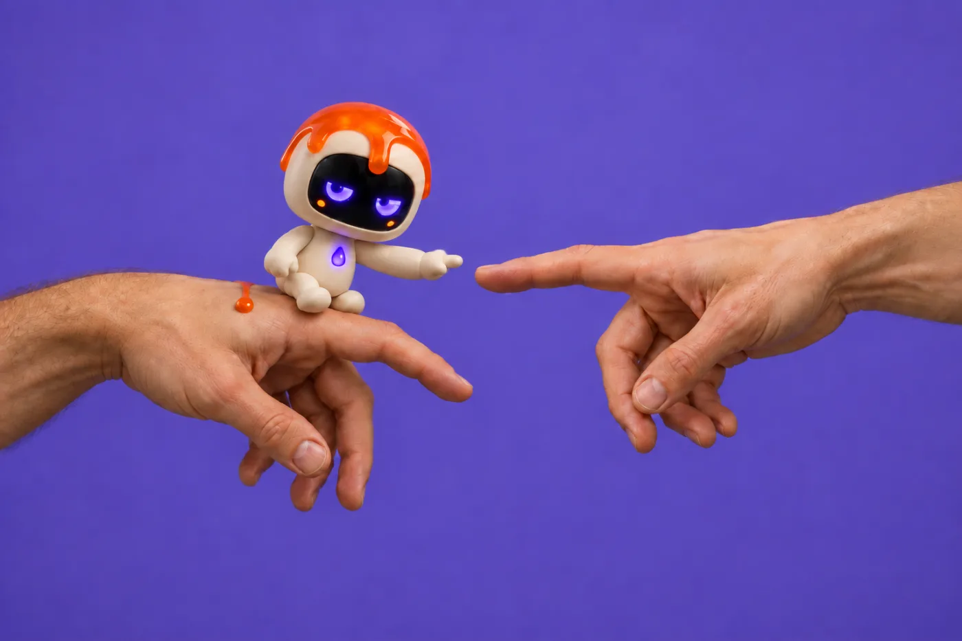 Michelangelo „Aadama loomise“ käed sirutuvad teineteise poole. Dollop istub Aadama käel, näitab ise Jumala sõrme poole ja vaatab kaamerasse.