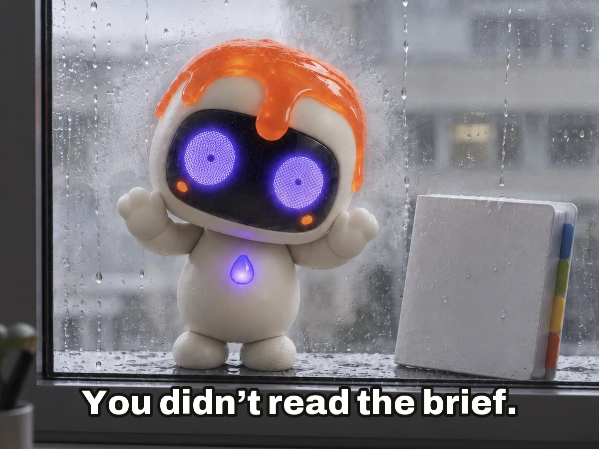 Dollop standing outside an office window in the rain, both mittens pressed to the glass and its breath fogging it, staring in with huge unblinking eyes, a tabbed brief leaning on the glass beside it, with the caption “You didn’t read the brief.”