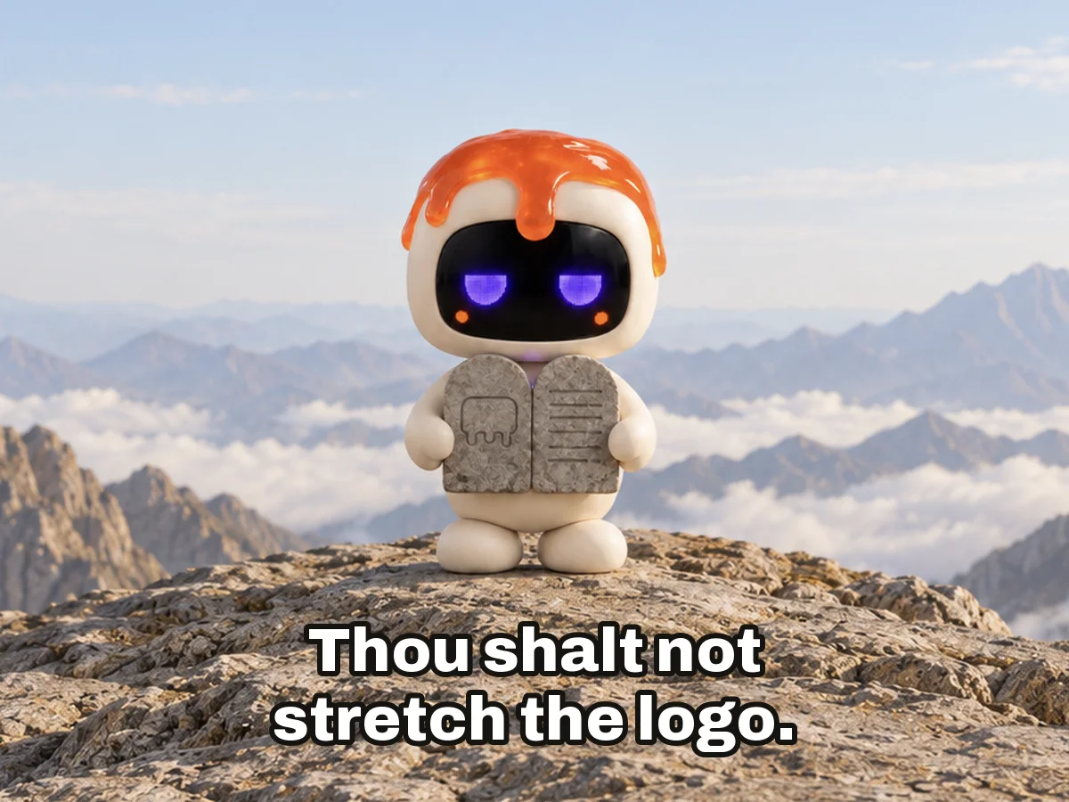 Dollop on a rocky mountain summit above the clouds, holding up two small stone tablets, one carved with the Slop drip mark, with the caption “Thou shalt not stretch the logo.”