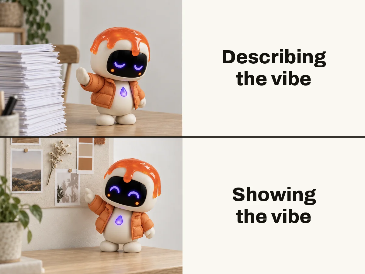 The Drake meme with Dollop in an orange puffer jacket: turning away from a tall stack of pages next to “Describing the vibe”, then pointing happily at a moodboard next to “Showing the vibe”