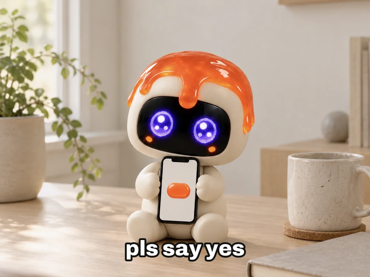 Dollop sitting on a light wooden desk with huge pleading eyes, holding up a phone that shows one big orange button, with the caption “pls say yes”