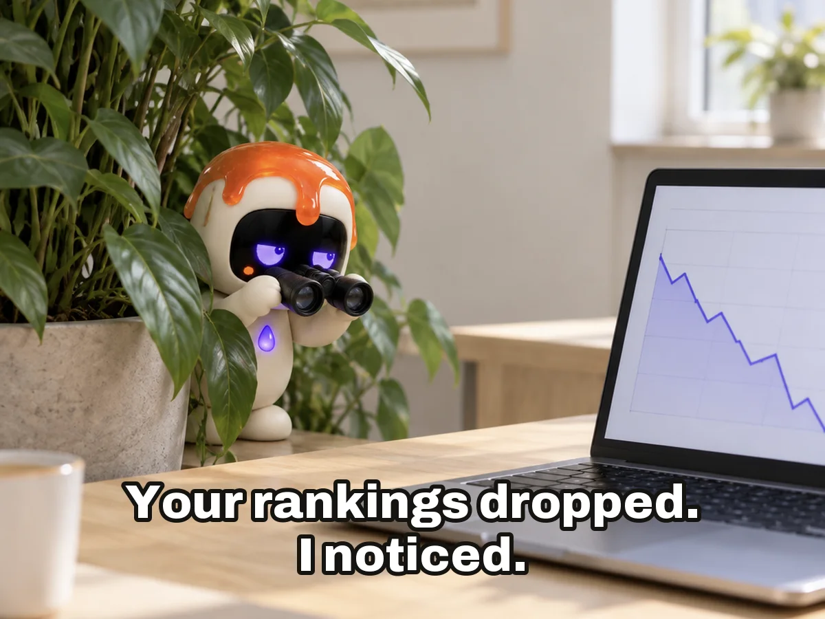 Dollop peeking out of a leafy office plant through small binoculars at a laptop whose chart is going down, with the caption “Your rankings dropped. I noticed.”