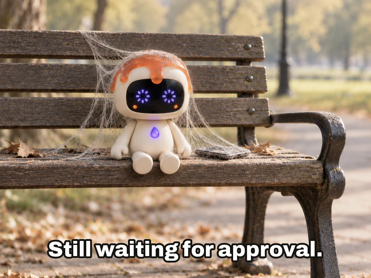 Dollop sitting on a park bench covered in cobwebs, a dusty phone beside it, a loading spinner on its face screen, with the caption “Still waiting for approval.”