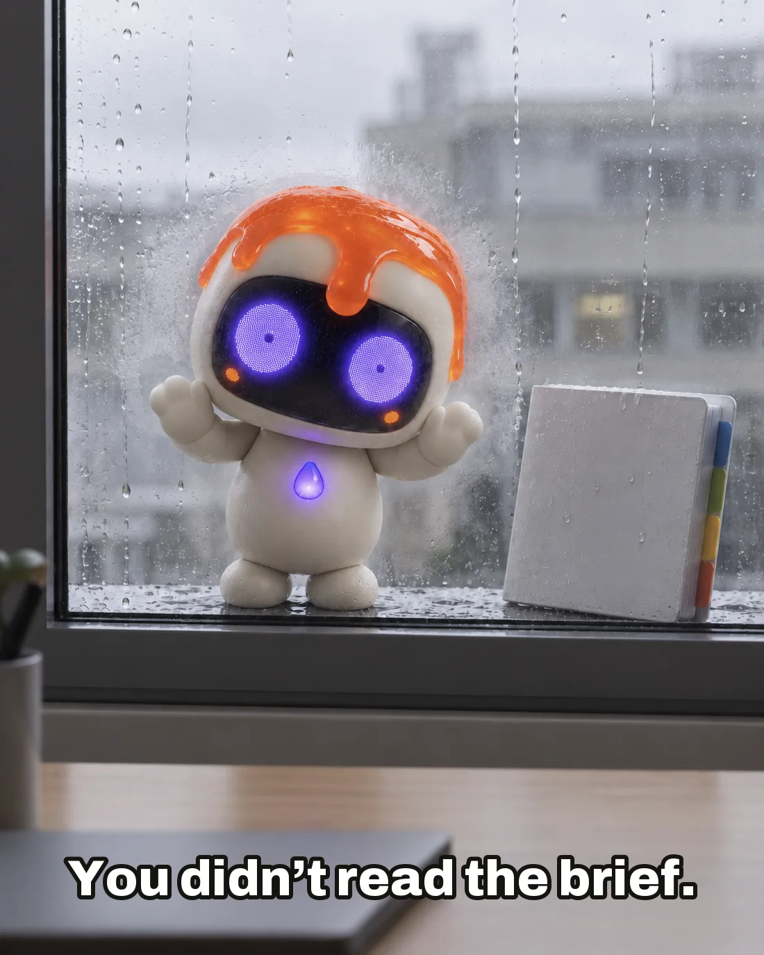 Dollop standing outside an office window in the rain, both mittens pressed to the glass and its breath fogging it, staring in with huge unblinking eyes, a tabbed brief leaning on the glass beside it, with the caption “You didn’t read the brief.”