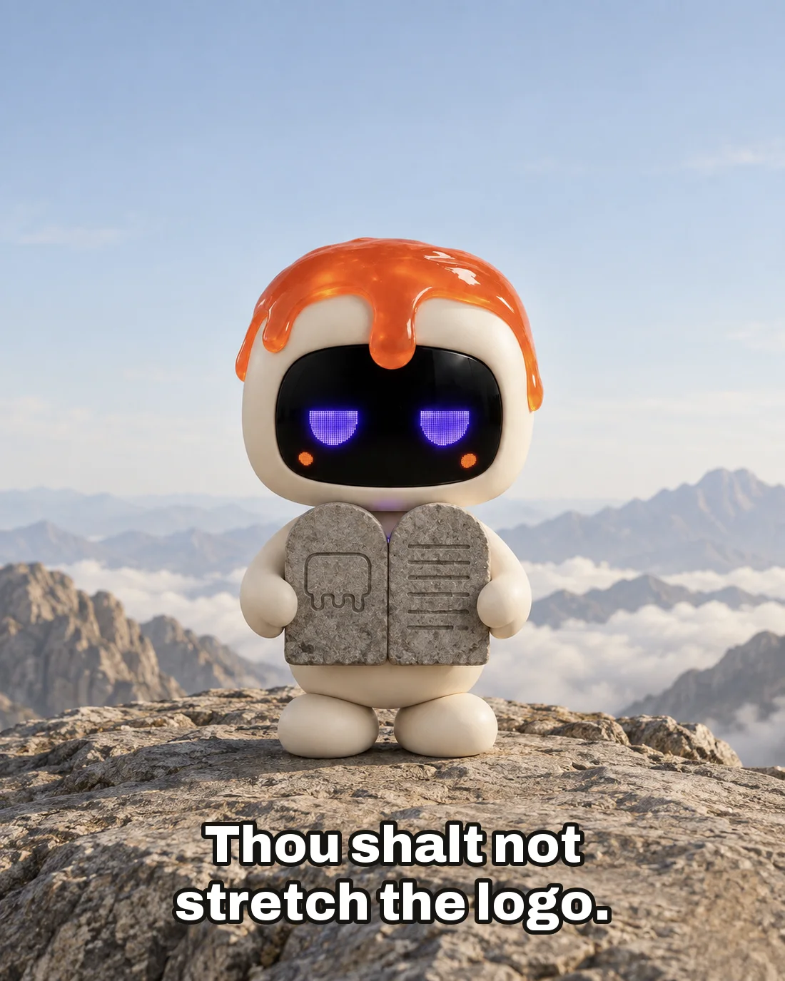 Dollop on a rocky mountain summit above the clouds, holding up two small stone tablets, one carved with the Slop drip mark, with the caption “Thou shalt not stretch the logo.”