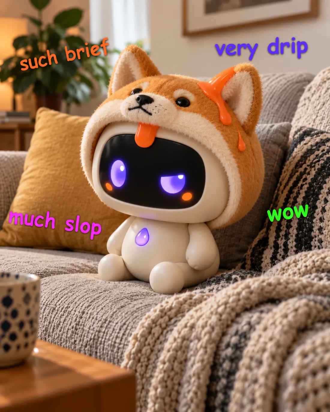 Dollop într-o glugă de pluș Shiba Inu, pe o canapea, uitându-se într-o parte, printre cuvintele such brief, very drip, much slop și wow