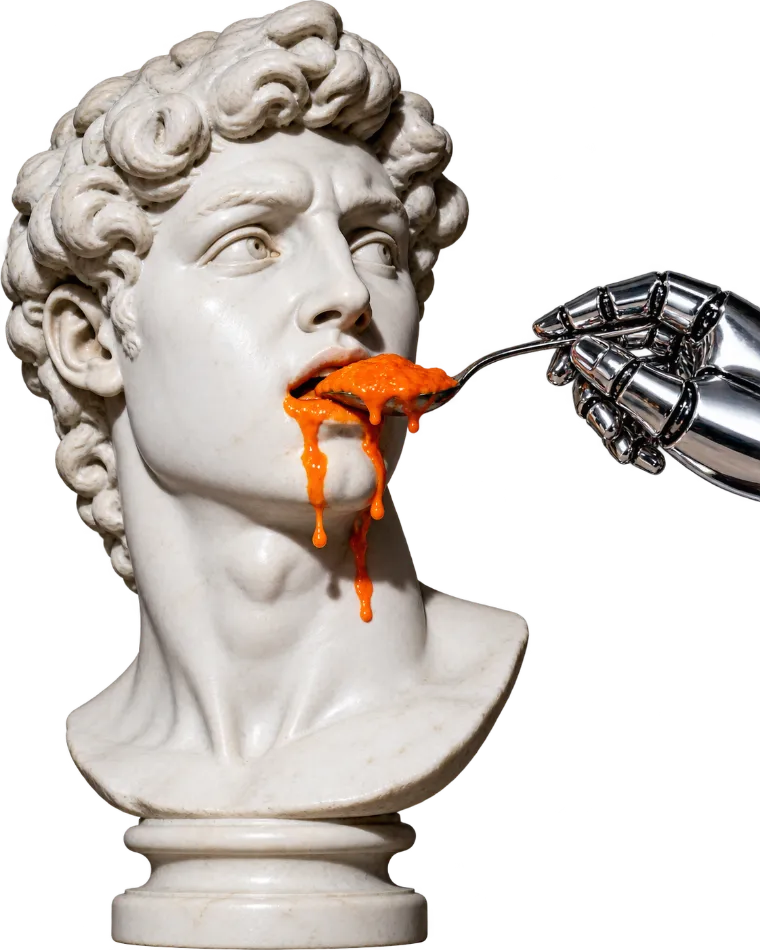 Marble bust of David being spoon-fed orange slop by a chrome robot hand