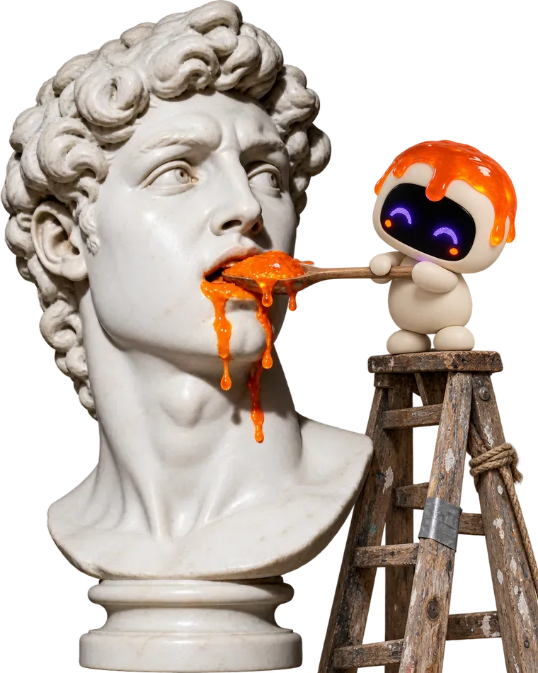 Dollop, the little Slop robot, on top of a rickety wooden stepladder, tenderly spoon-feeding orange jelly to a marble bust of David
