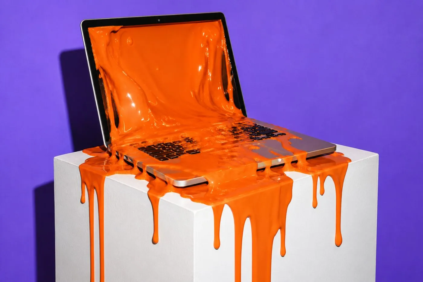 A laptop drowning in glossy orange paint on a violet backdrop