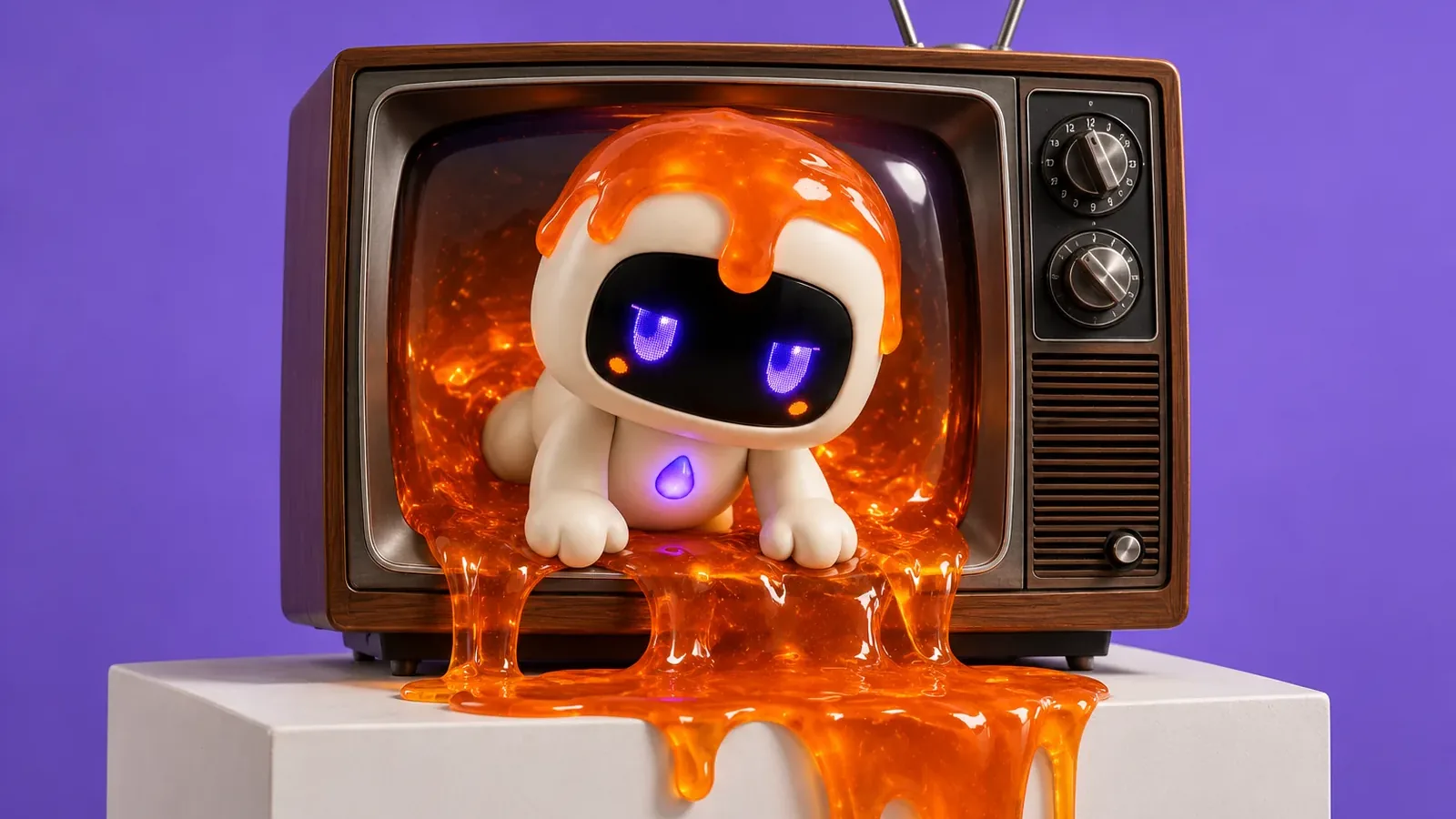 Dollop, the little Slop robot, climbing out of the screen of a 1970s television on a white plinth, orange jelly pouring out with it