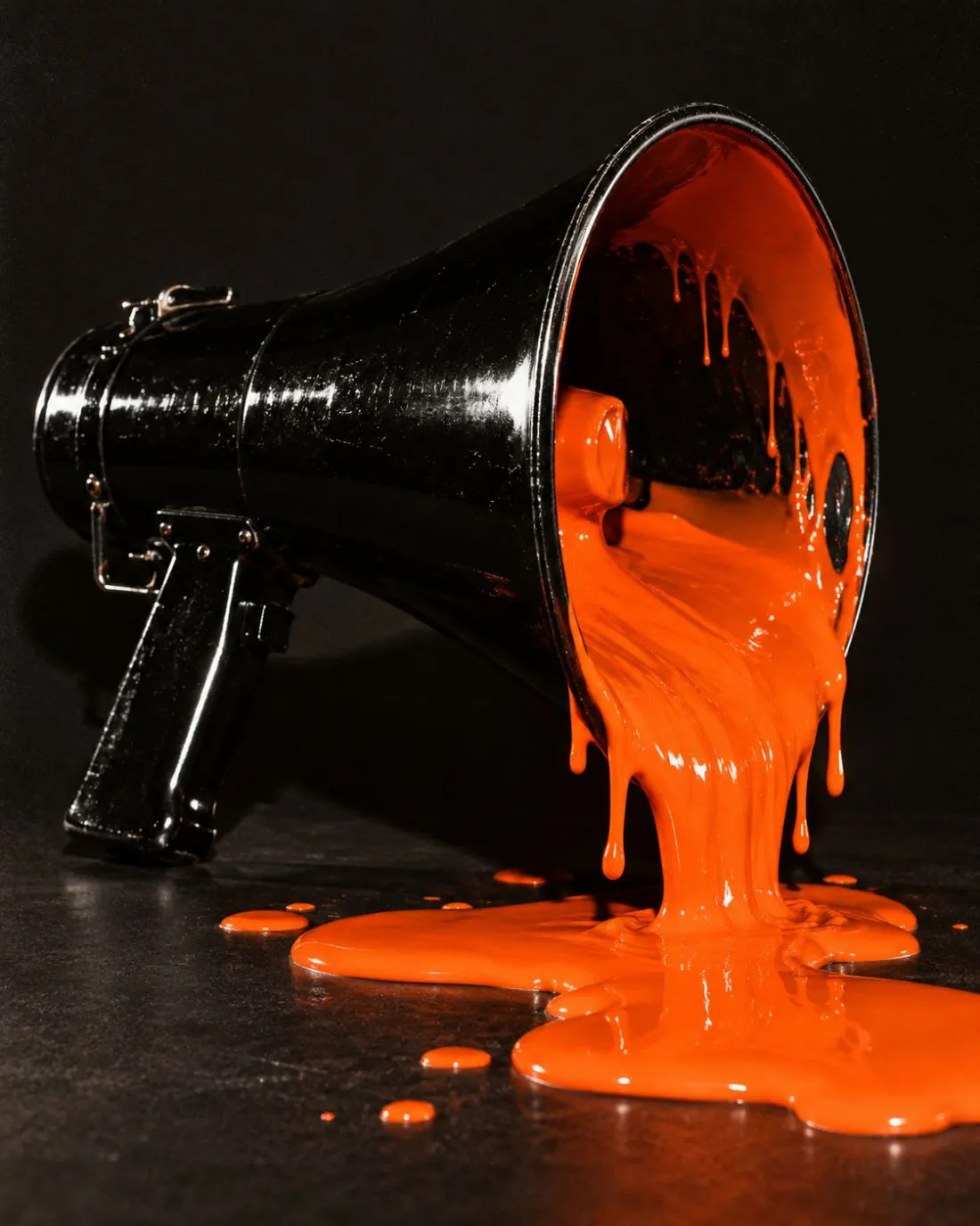 Megaphone pouring orange paint onto a black floor