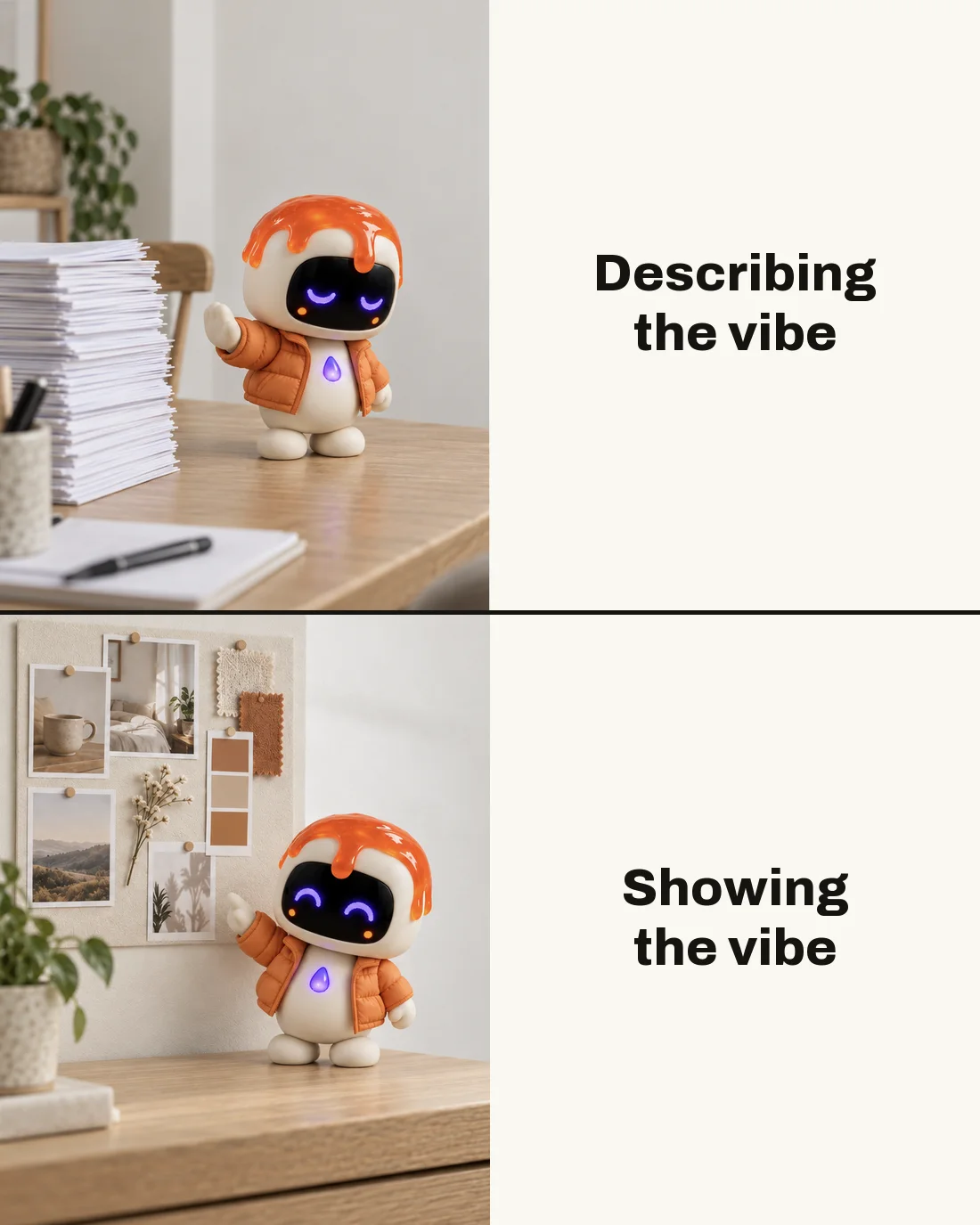 The Drake meme with Dollop in an orange puffer jacket: turning away from a tall stack of pages next to “Describing the vibe”, then pointing happily at a moodboard next to “Showing the vibe”
