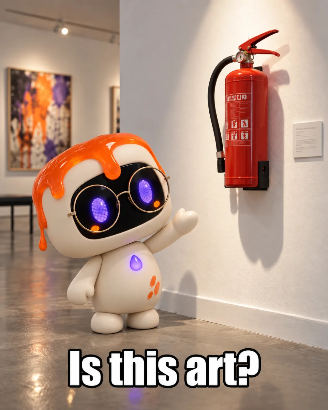 Dollop ümarate prillidega näitab valgel galeriiseinal rippuvale tulekustutile, all kiri „Is this art?“