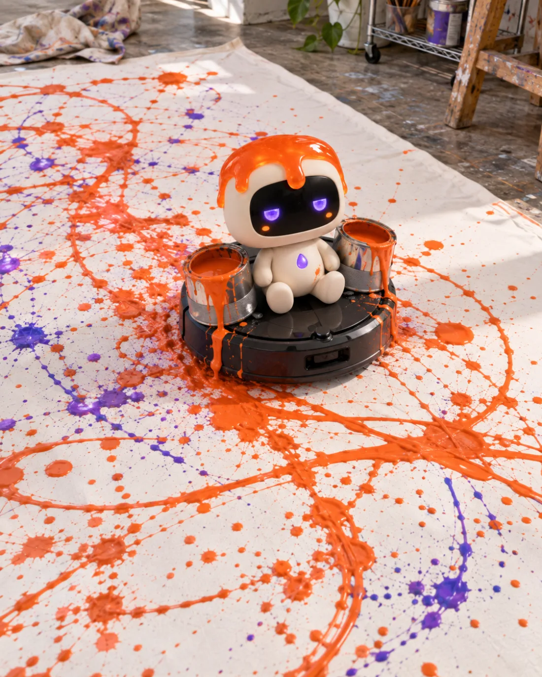 Dollop riding a robot vacuum with two paint cans across a canvas on the floor, leaving orange and violet splatters like a Jackson Pollock