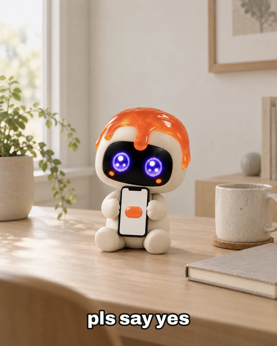 Dollop sitting on a light wooden desk with huge pleading eyes, holding up a phone that shows one big orange button, with the caption “pls say yes”