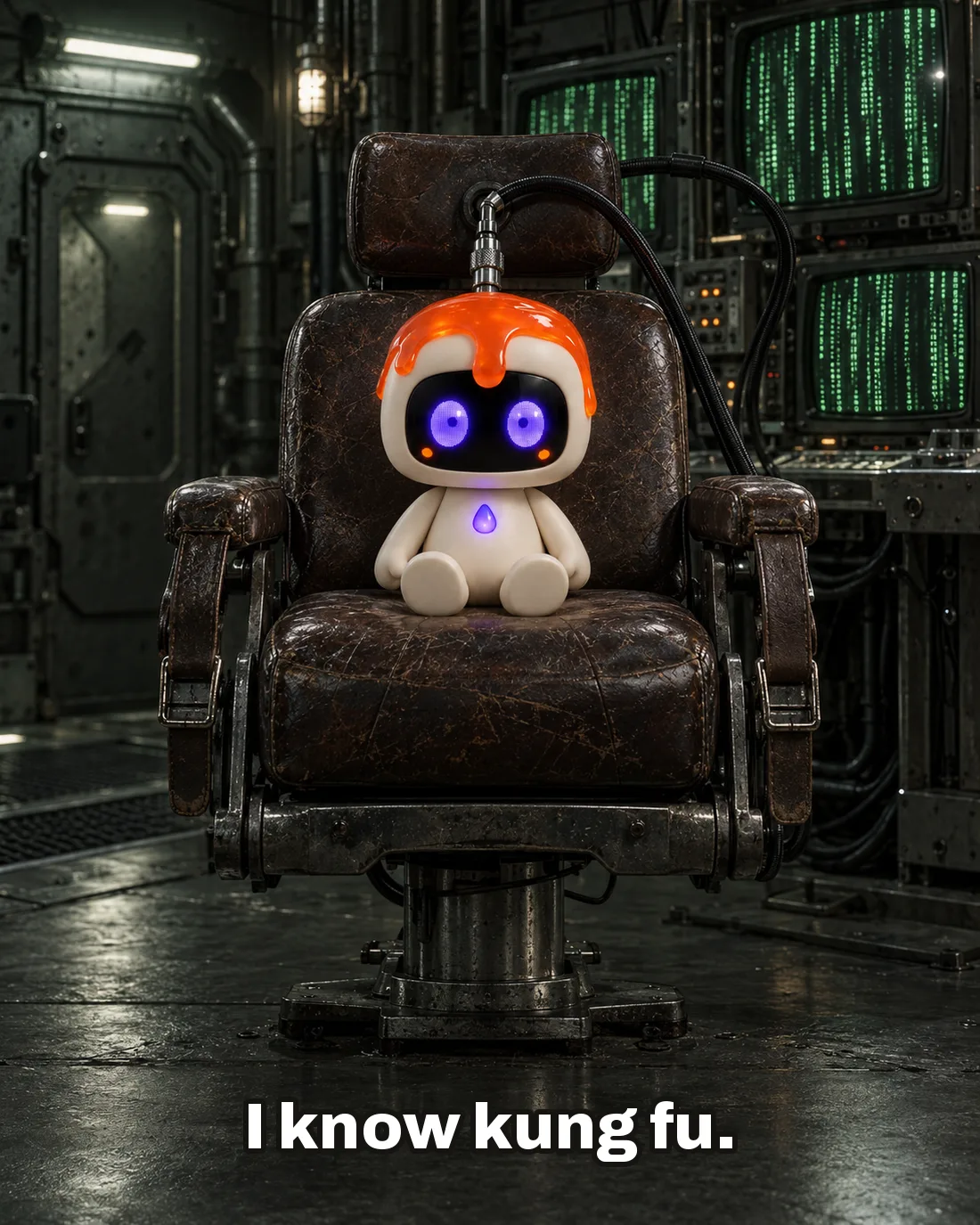 Dollop sitting upright in a worn leather chair on the steel deck of a hovercraft ship, a chrome jack plugged into its head from the headrest and old monitors of falling green code behind it, its eyes wide with surprise, with the caption “I know kung fu.”