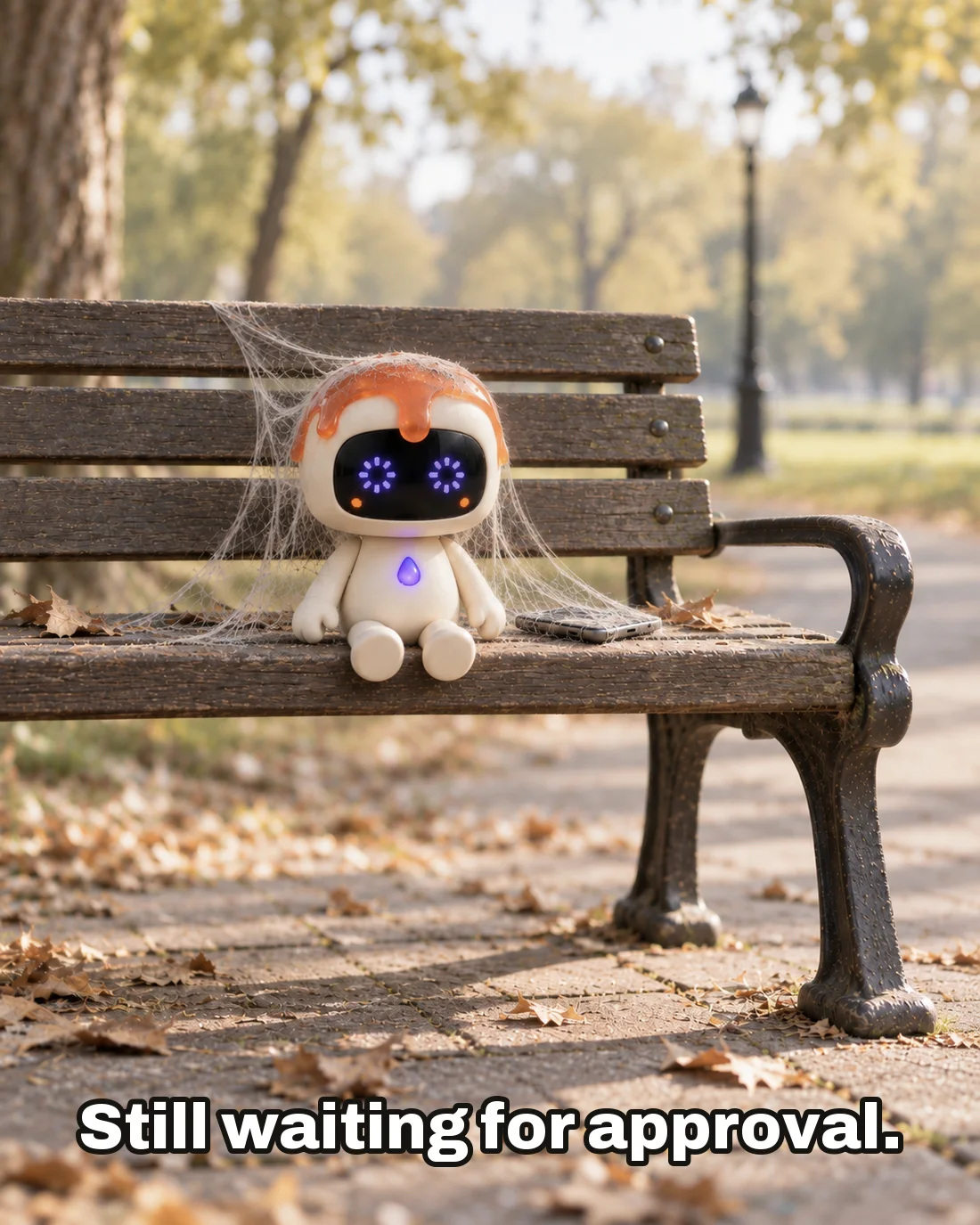 Dollop sitting on a park bench covered in cobwebs, a dusty phone beside it, a loading spinner on its face screen, with the caption “Still waiting for approval.”