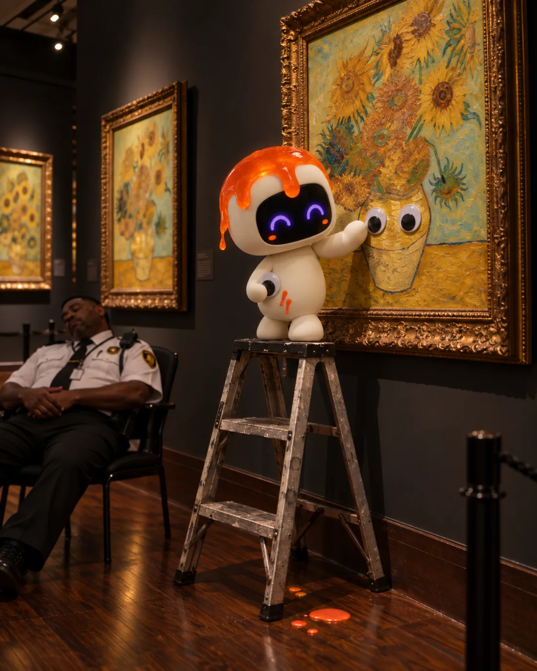 Dollop steht nachts im Museum auf einer Trittleiter und klebt Wackelaugen auf van Goghs Sonnenblumen, während der Wärter auf seinem Stuhl schläft