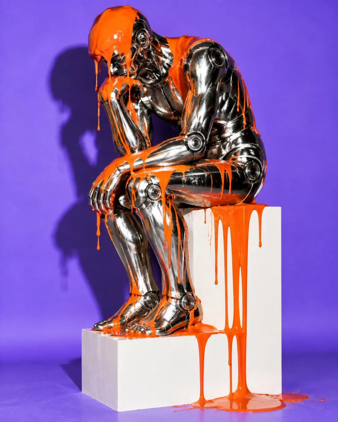 Chrome robot in The Thinker pose, covered in orange paint