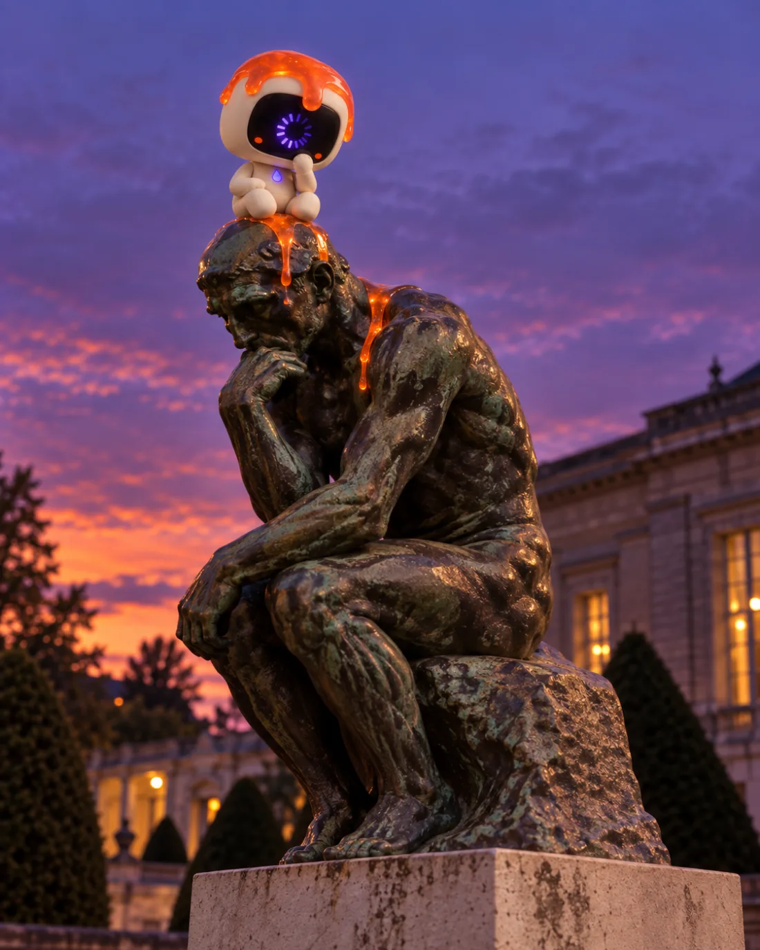 Dollop assis sur la tête du Penseur en bronze de Rodin au crépuscule, qui imite sa pose, une icône de chargement sur son écran-visage