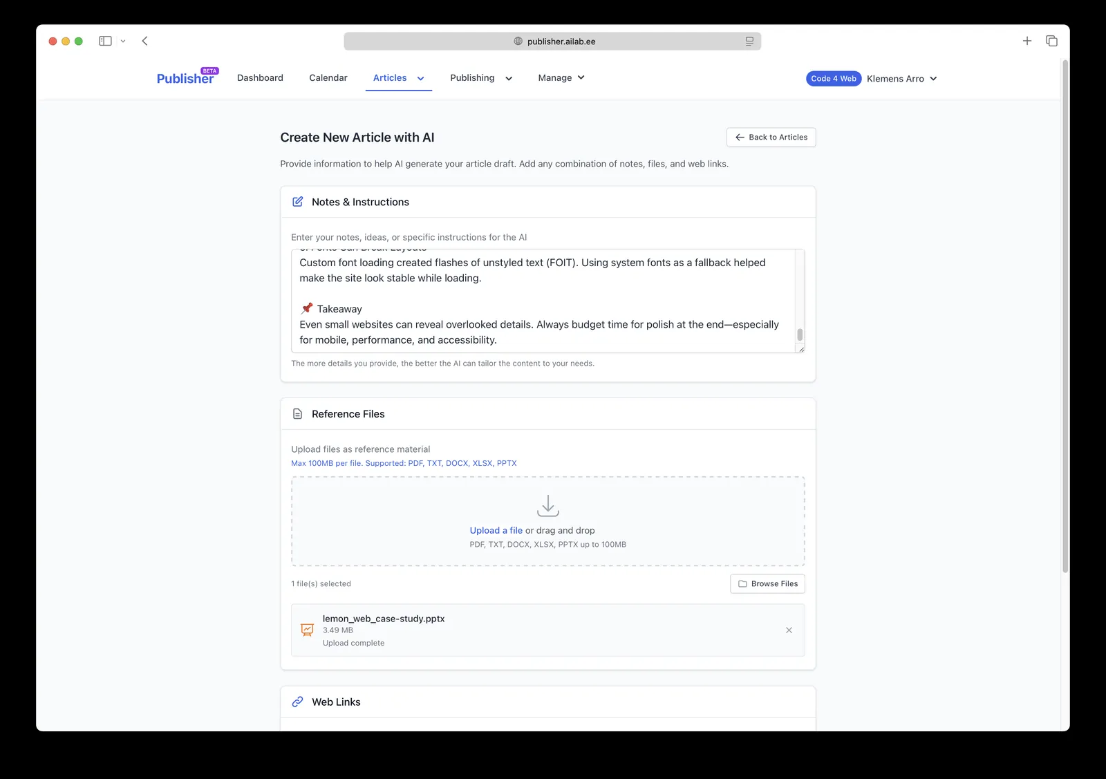 Publisher: create a new article with AI
