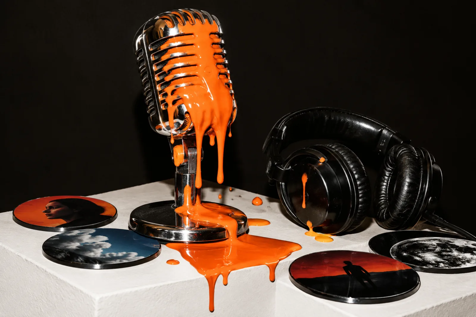 A chrome studio microphone pouring orange paint beside headphones