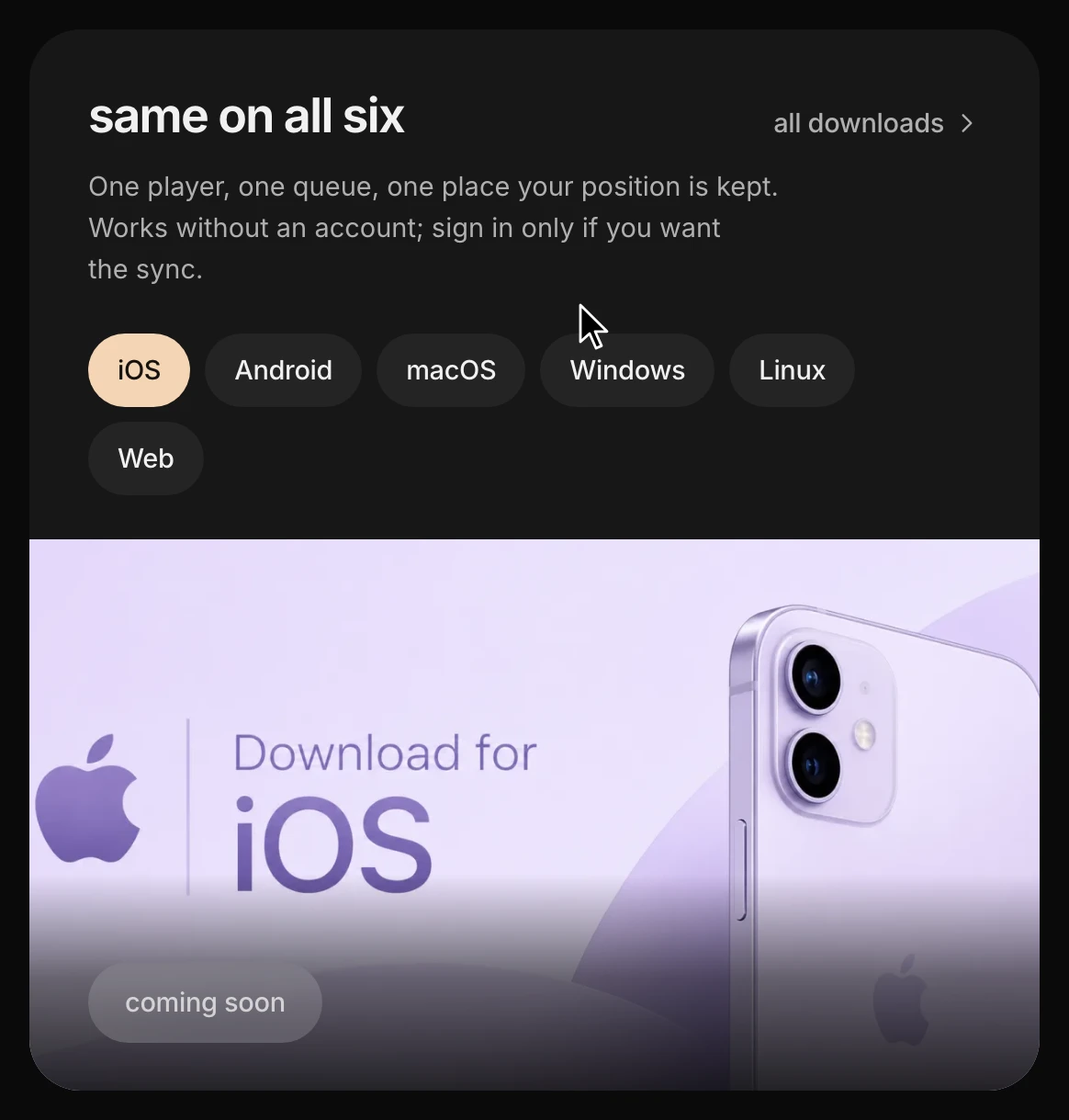 Pladen »same on all six« på podnod.eu: et tryk på hver platformknap skyder platformens banner ind: iOS, Android, macOS, Windows, Linux og browseren