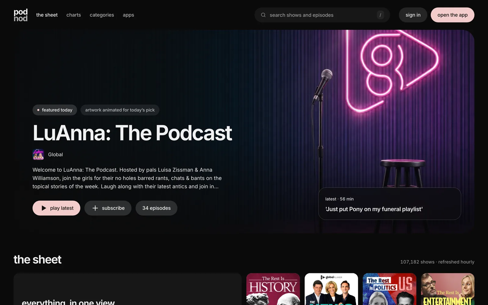 podnod.eu home page with a featured show and the sheet