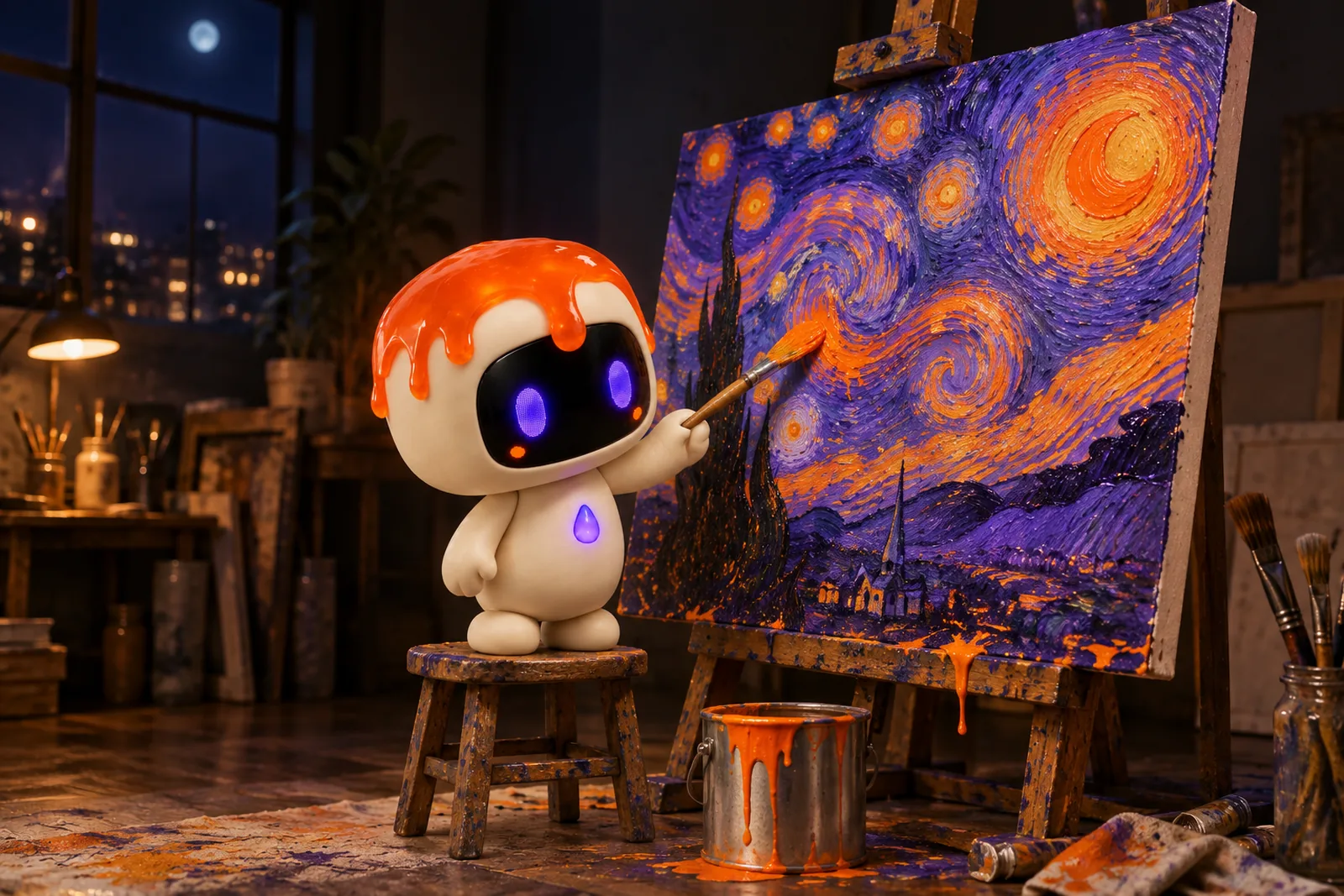 Dollop auf einem Holzhocker malt „Die Sternennacht“ in Orange und Violett, Farbe tropft von der Leinwand auf den Atelierboden