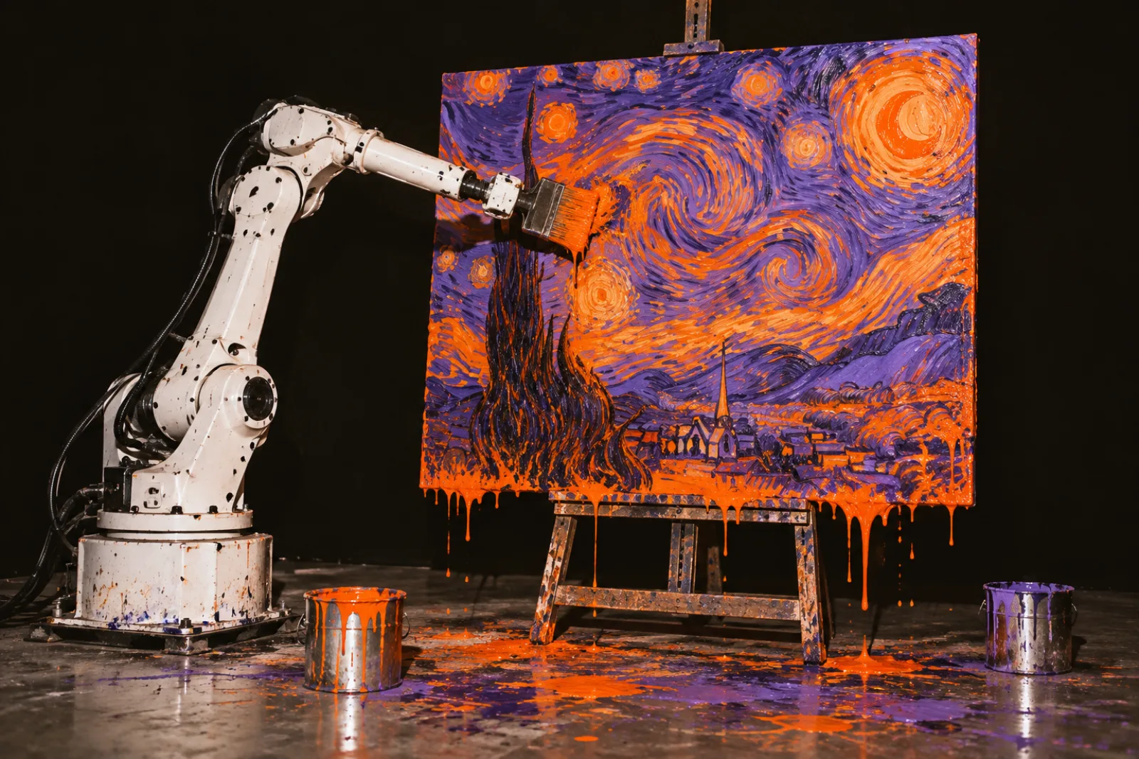 A robot arm painting The Starry Night in orange and violet, the canvas dripping onto the studio floor